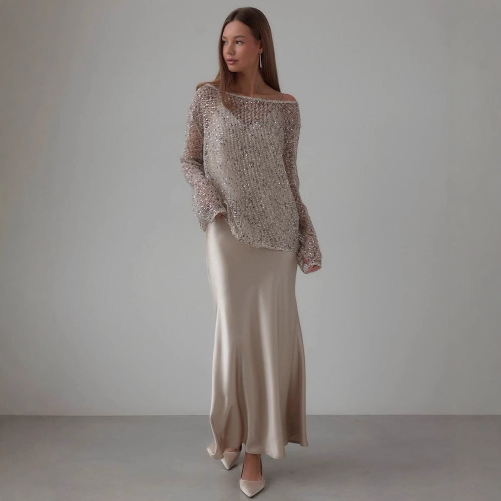 Damen Glitzernde Netzbluse mit asymmetrischem Halsausschnitt und langen Ärmeln R&B