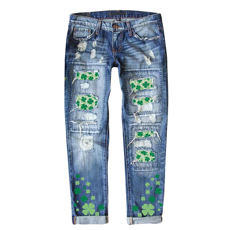 Damen Jeanshose mit fröhlichen Kleeblatt-Prints und modischen Destroyed-Details R&B