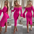 Damen Wickelkleid mit schulterfreiem Design und eleganten Trompetenärmeln R&B