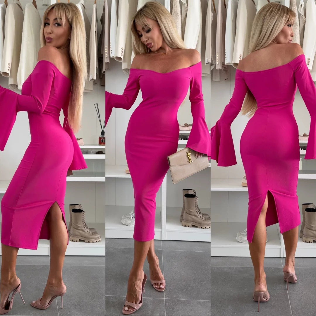 Damen Wickelkleid mit schulterfreiem Design und eleganten Trompetenärmeln R&B