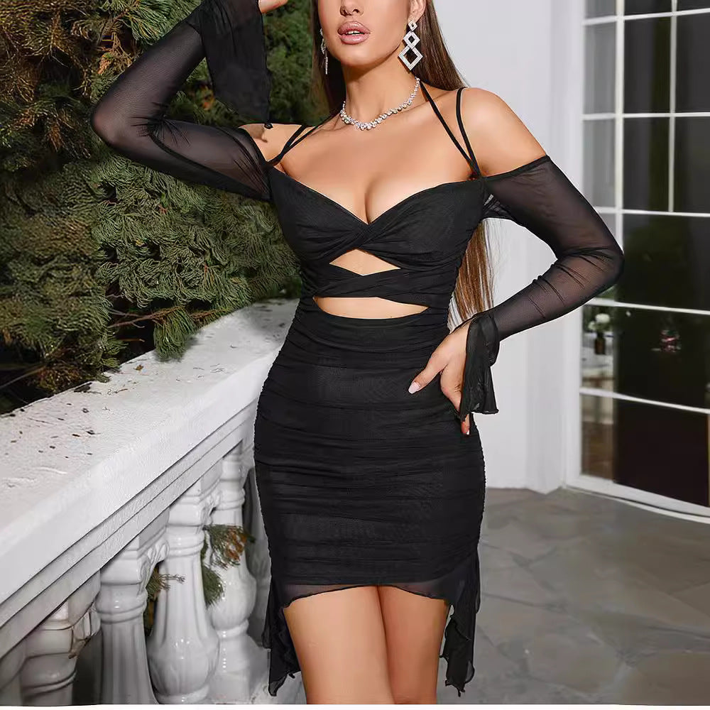 Damen Elegantes Wickelkleid mit raffinierten Cut-Outs und langen Ärmeln R&B