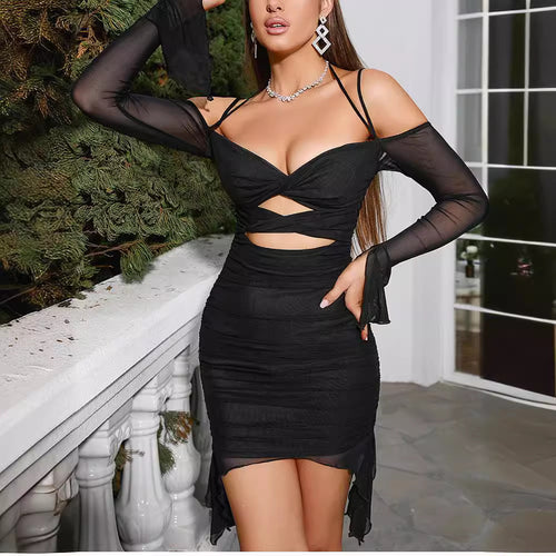 Damen Elegantes Wickelkleid mit raffinierten Cut-Outs und langen Ärmeln R&B