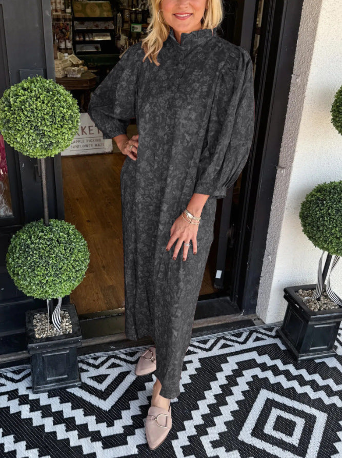 Damen Elegantes Maxikleid mit Stehkragen und weiten Ärmeln R&B