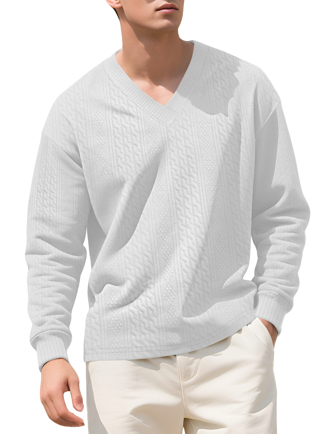 Herren nan strukturierter V-Ausschnitt Strickpullover mit Kabel- und Wabenmuster R&B