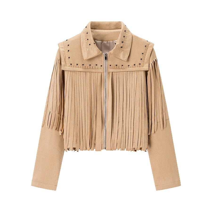 Damen Fransenjacke aus Wildlederimitat mit Zipper und stilvollen Applikationen R&B