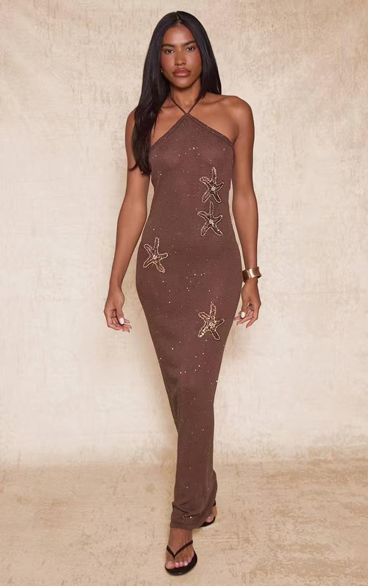 Damen elegantes Maxikleid mit schimmerndem Strickmuster R&B