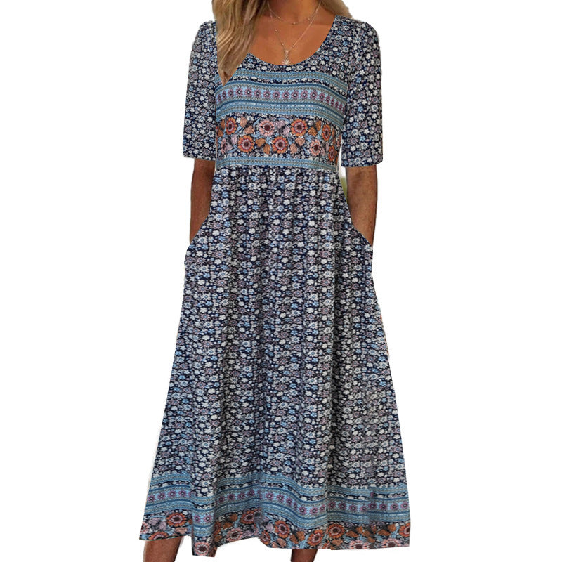 R&B | Rundhalsausschnitt Kurzarm Bohemian Print Kleid Frauen