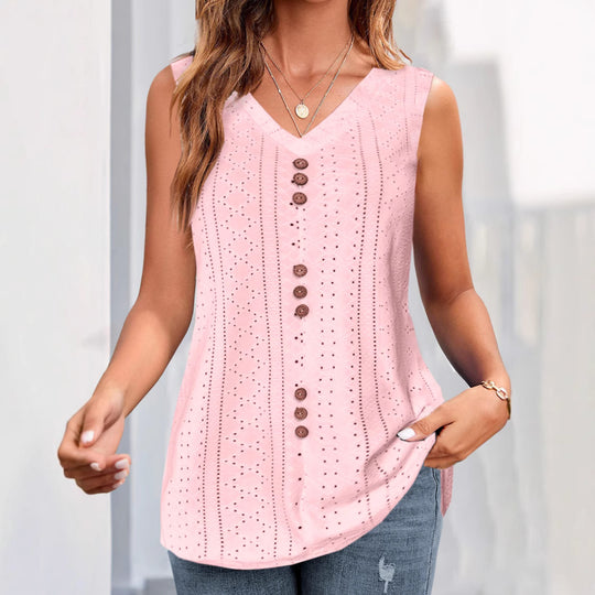 Damen nan ärmelloses Broderie-Anglaise-Top mit V-Ausschnitt und dekorativer Zierknopfleiste R&B