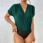 Damen Body mit eleganter Wickeloptik und kurzen Ärmeln R&B