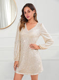Damen Glitzerndes Cocktailkleid mit V-Ausschnitt und langen Ärmeln R&B
