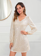 Damen Glitzerndes Cocktailkleid mit V-Ausschnitt und langen Ärmeln R&B