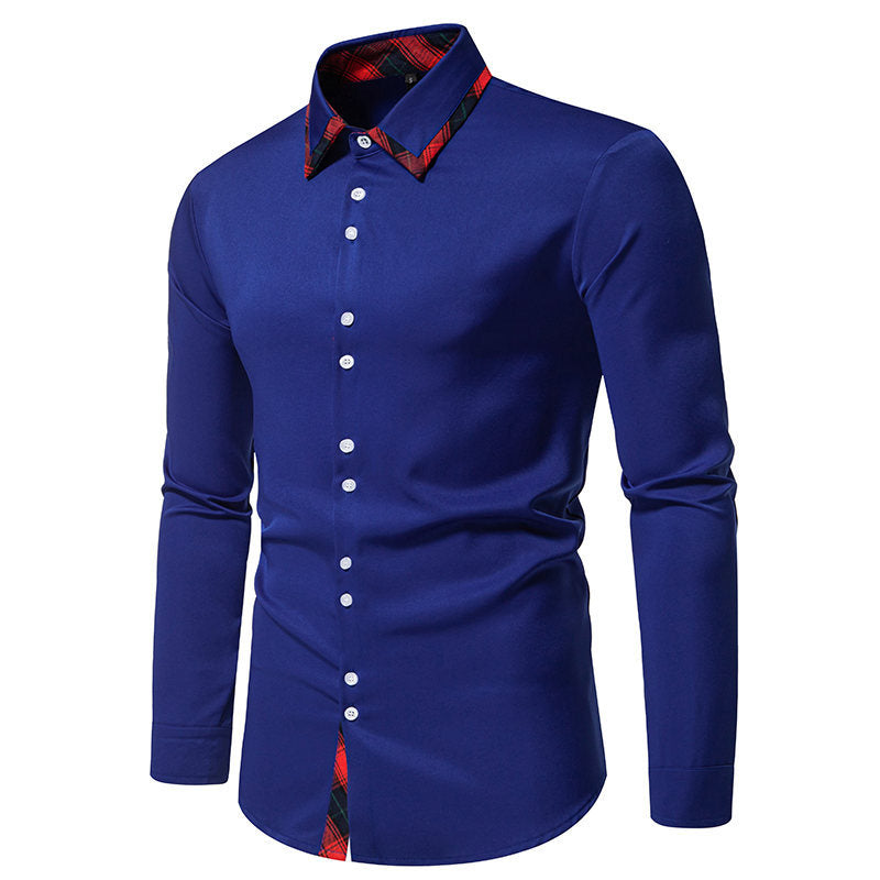 Herren elegantes Langarmhemd mit karierter Kragen-Details R&B