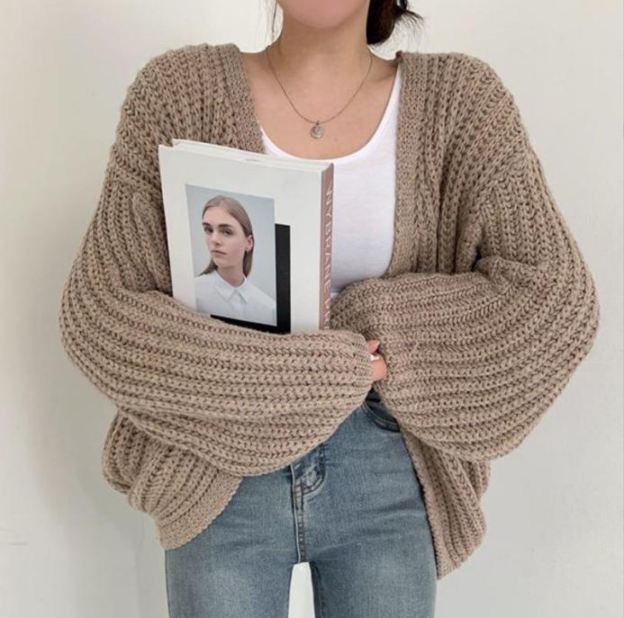 Damen grob gestrickte Oversized Cardigan mit tiefem V-Ausschnitt R&B