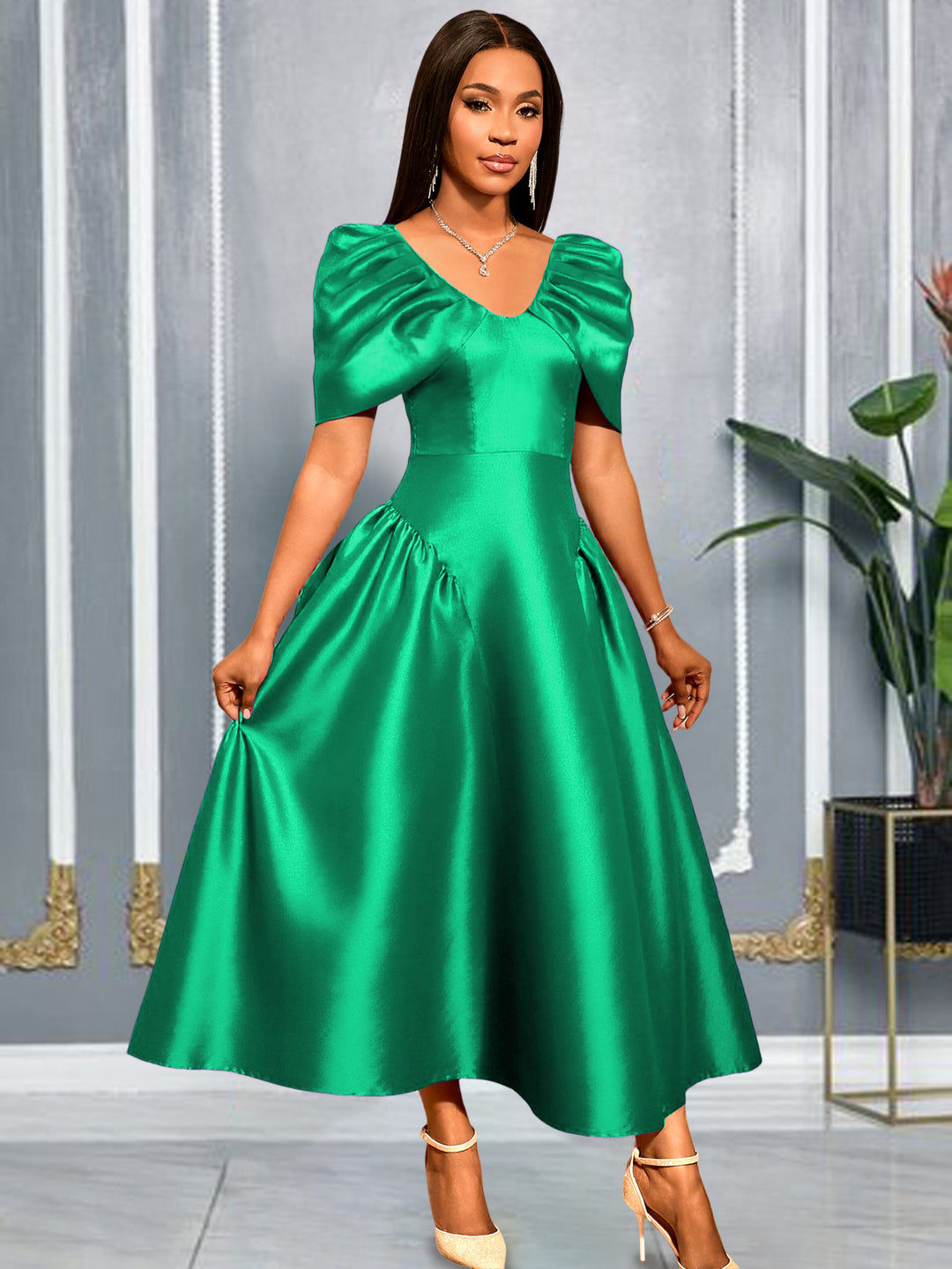 Damen Elegantes Satin Abendkleid mit voluminösen Puffärmeln R&B