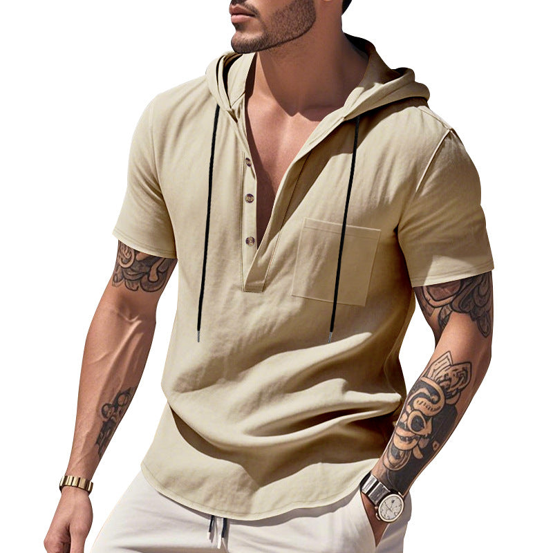Herren nan legere Kurzarm-Kapuzen-Henley aus Single-Jersey mit Brusttasche und Kontrastkordel R&B