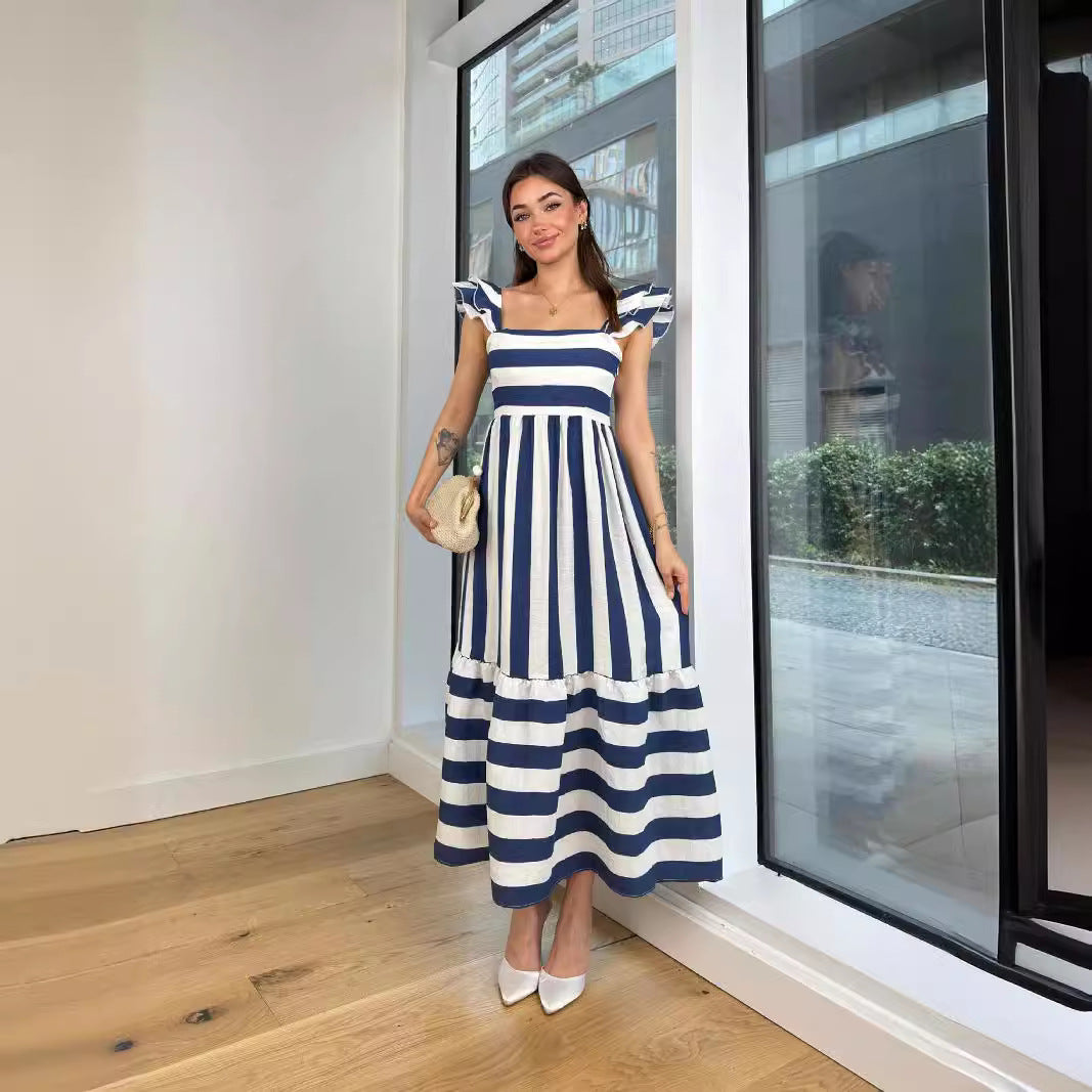 Damen Maxi-Kleid mit verspieltem Streifenmuster und Rüschendetails R&B