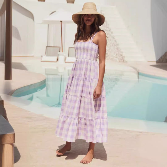 Damen Sommerliches Maxikleid mit kariertem Design und Trägern R&B