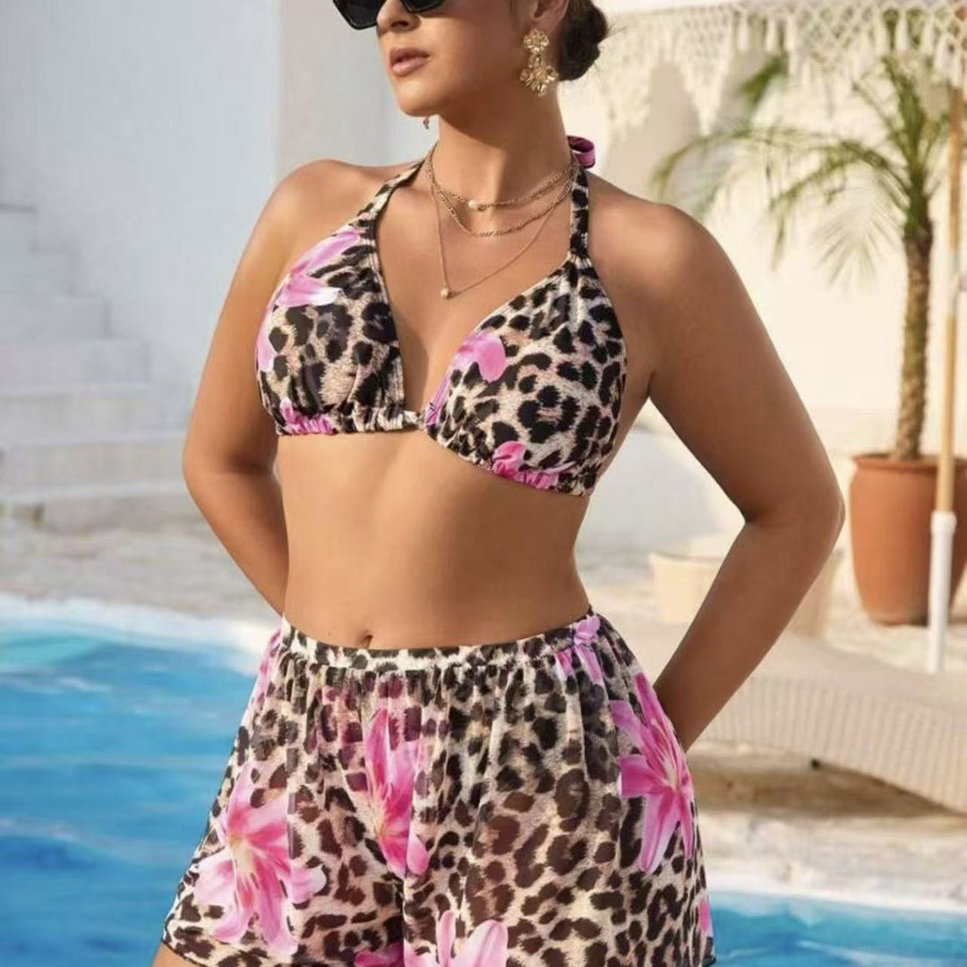 Damen Bikini-Set mit modischem Tiermuster und hoch taillierten Shorts R&B