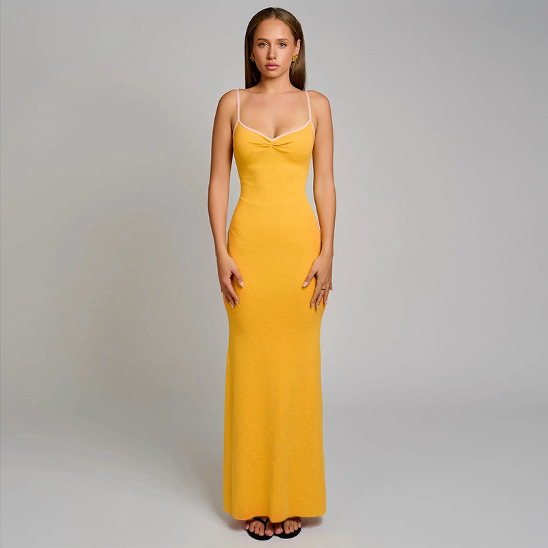 Damen bodenlanges Sommerkleid mit verstellbaren Spaghetti-Trägern und raffiniertem Schnitt R&B