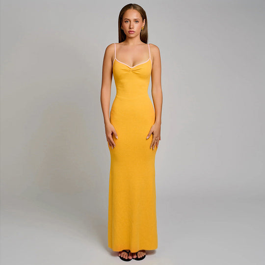 Damen bodenlanges Sommerkleid mit verstellbaren Spaghetti-Trägern und raffiniertem Schnitt R&B