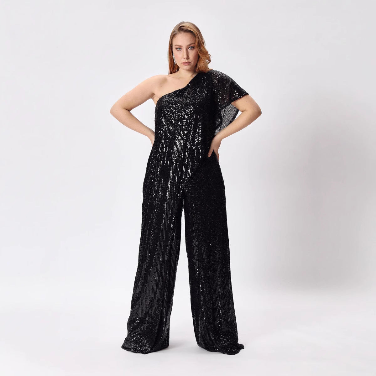 Damen Einseitiger Pailletten Jumpsuit mit Weiter Hose Heidi-Mode