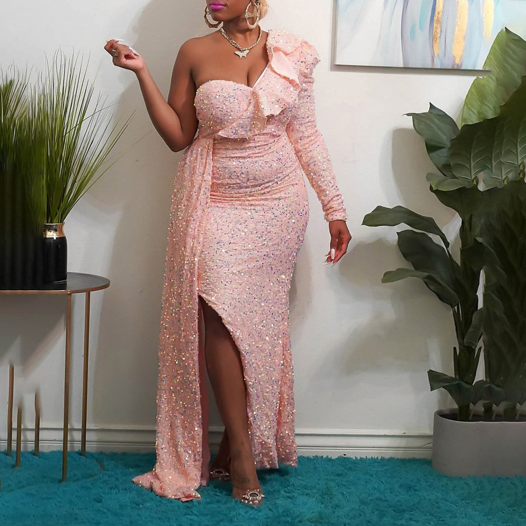 Damen Elegantes schulterfreies Maxikleid mit glitzernden Akzenten und asymmetrischem Design R&B