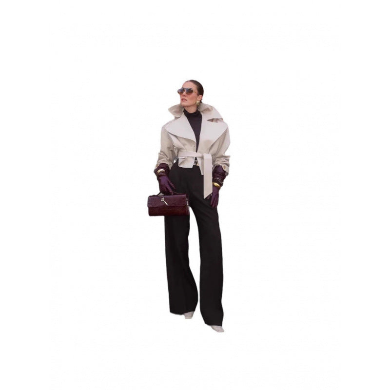 Damen modische Trenchjacke mit breitem Kragen und Taillengürtel R&B