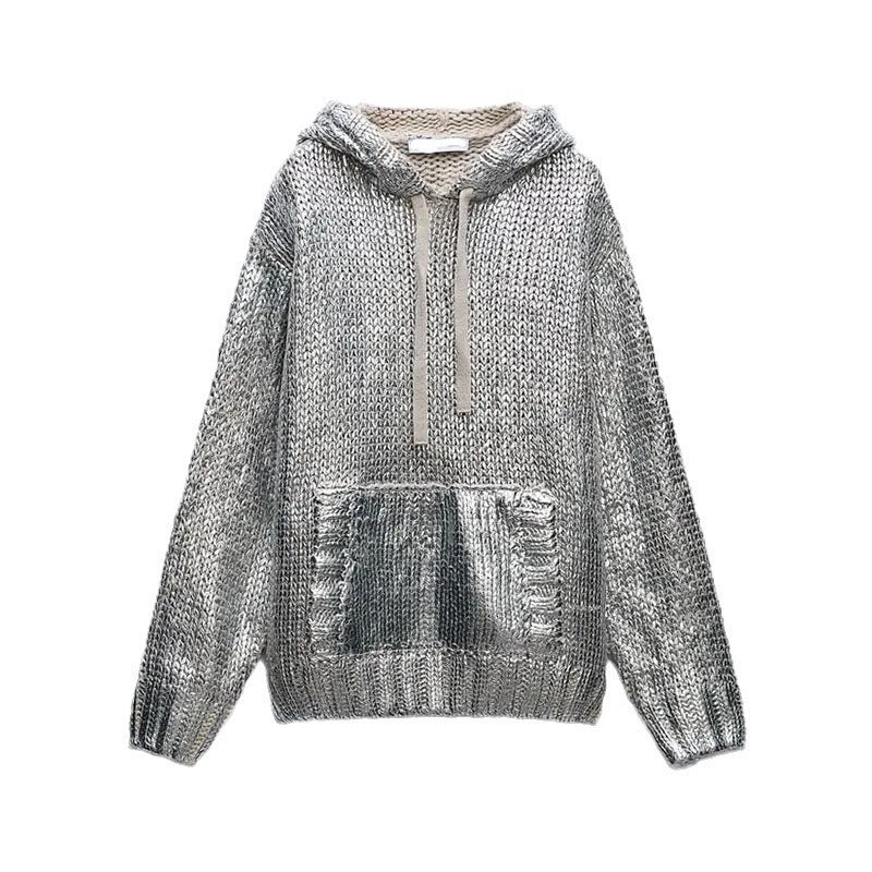Damen Glitzernder Strickpullover mit Kapuze und praktischer Kängurutasche R&B