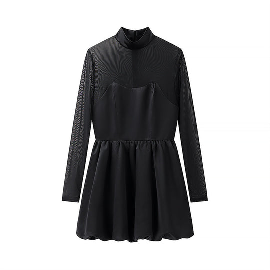 Damen elegantes Minikleid mit transparenten Ärmeln und hohem Kragen R&B