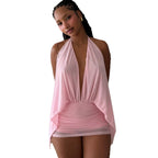 Damen kurzes lässiges Strandkleid mit tiefem V-Ausschnitt und fließender Silhouette R&B