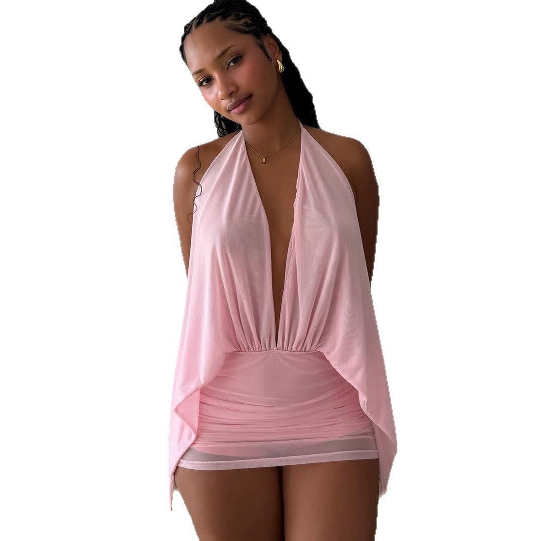 Damen kurzes lässiges Strandkleid mit tiefem V-Ausschnitt und fließender Silhouette R&B