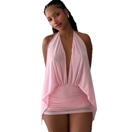 Damen kurzes lässiges Strandkleid mit tiefem V-Ausschnitt und fließender Silhouette R&B