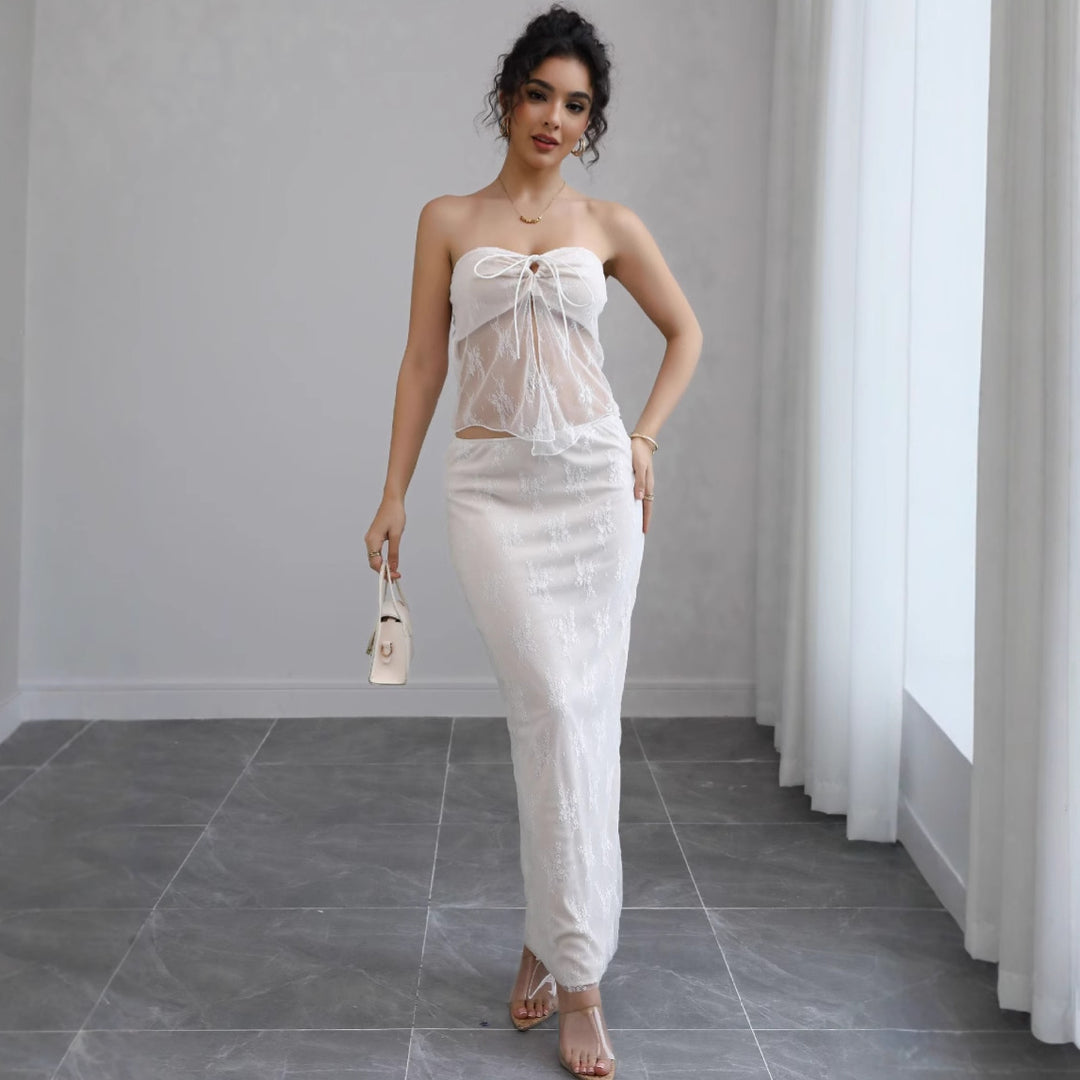 Damen Off-Shoulder Maxikleid mit feiner Spitze und elegantem Bund R&B
