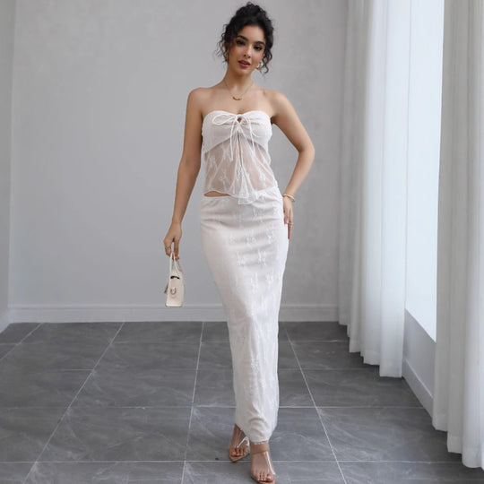 Damen Off-Shoulder Maxikleid mit feiner Spitze und elegantem Bund R&B
