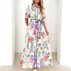 Damen Maxikleid mit buntem floralem Druck und einem eleganten Gürtel R&B