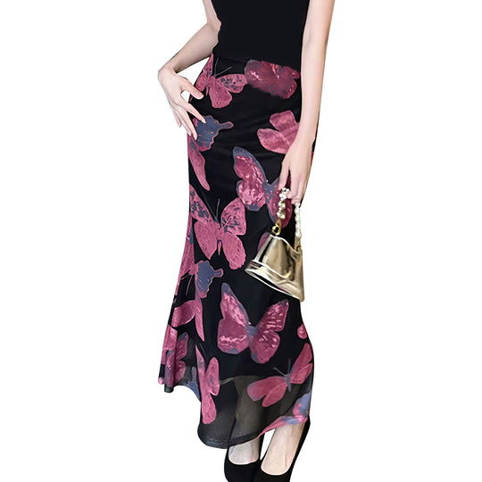 Damen Elegantes Maxikleid mit floralen Schmetterlingsmustern und transparentem Saum R&B