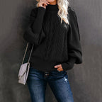 Damen modischer Strickpullover mit hochgeschlossenem Kragen und voluminösen Ärmeln R&B