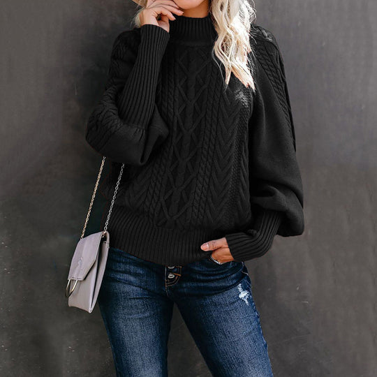 Damen modischer Strickpullover mit hochgeschlossenem Kragen und voluminösen Ärmeln R&B