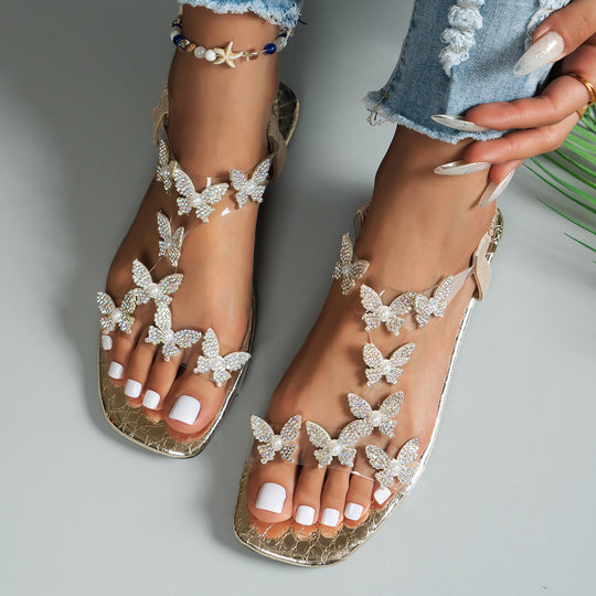 Damen Glamouröse Zehentrenner-Sandalen mit funkelnden Schmetterlings-Applikationen R&B