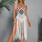 Damen Häkel-Strandüberwurf im bohemian Stil mit dekorativen Fransen R&B