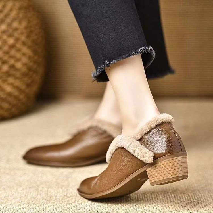 Damen Elegante Stiefeletten mit flauschigem Kragen und komfortablem Blockabsatz R&B
