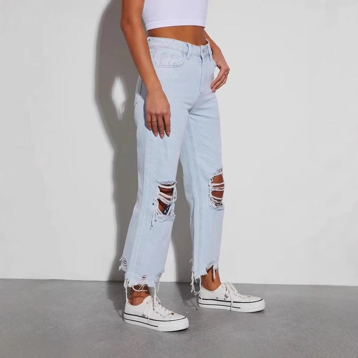 Damen lässige Boyfriend Jeans mit auffälligen Destroyed-Details und weitem Bein R&B