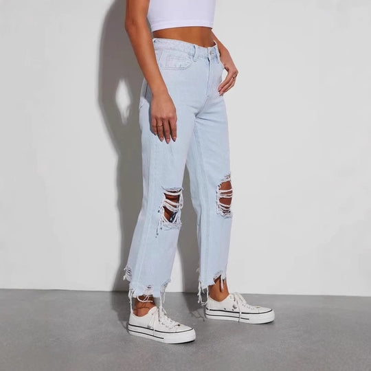 Damen lässige Boyfriend Jeans mit auffälligen Destroyed-Details und weitem Bein R&B