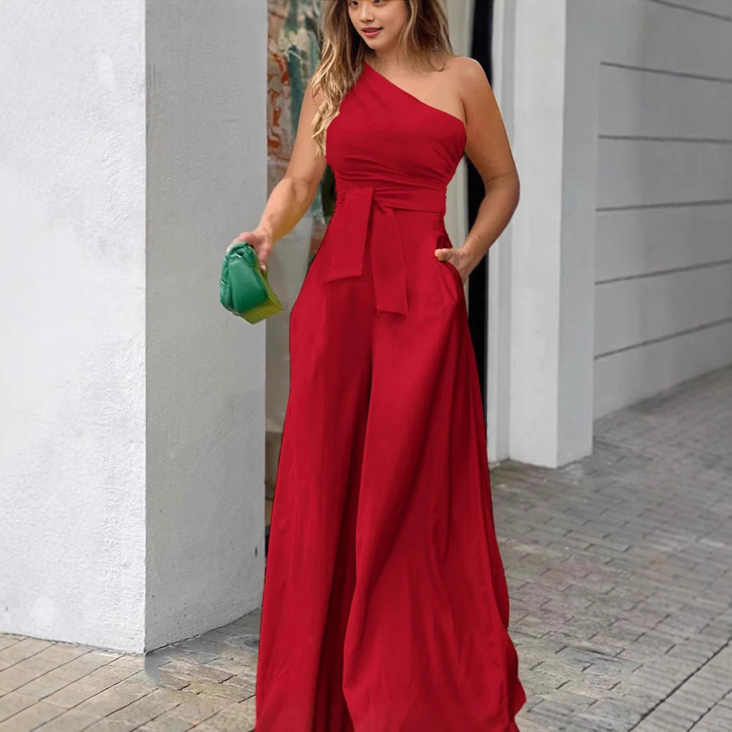 Damen eleganter Jumpsuit mit einseitigem Träger und fließendem Schnitt R&B