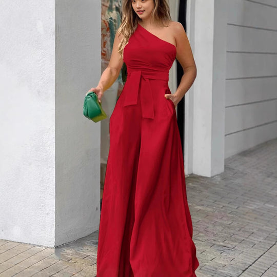 Damen eleganter Jumpsuit mit einseitigem Träger und fließendem Schnitt R&B