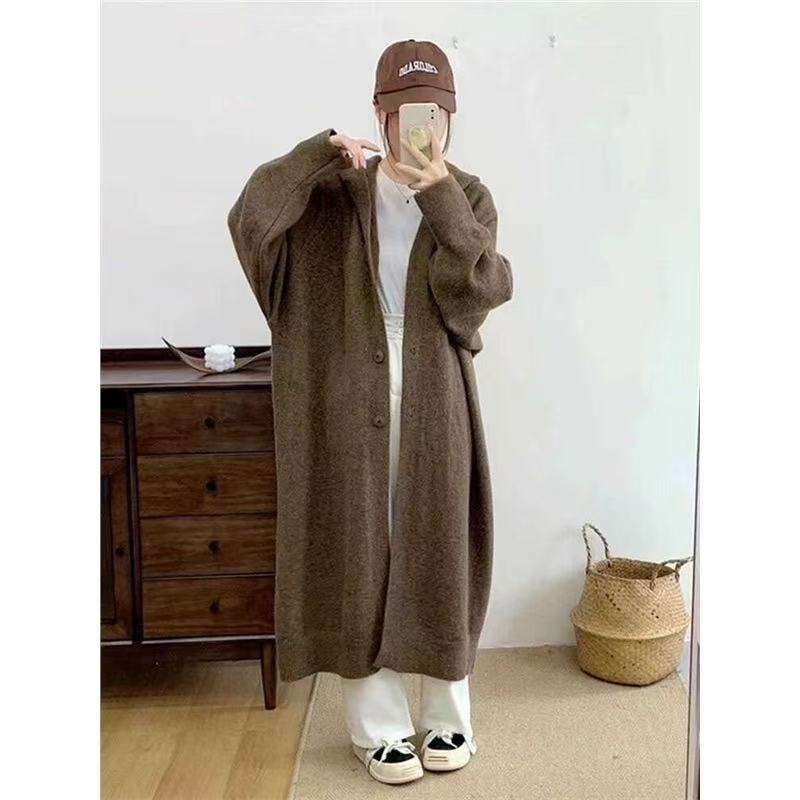 Damen Langer Strickcardigan mit Kapuze und praktischen Knöpfen R&B