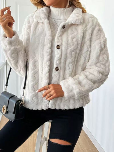 Damen Plüschjacke mit Knopfverschluss und gestreiftem Strukturdesign R&B