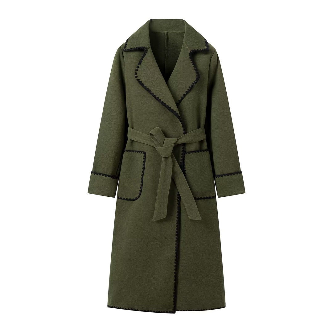 Damen eleganter Longcoat mit Bindegürtel und kontrastierenden Paspeln R&B