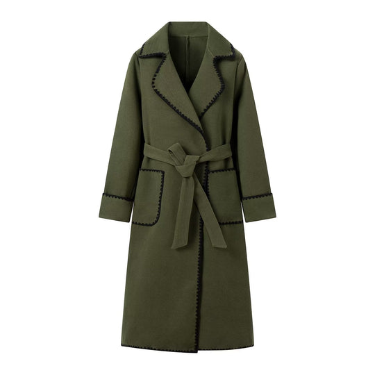 Damen eleganter Longcoat mit Bindegürtel und kontrastierenden Paspeln R&B