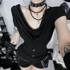 Damen figurbetontes Drape-Shirt mit elegantem Knopfdesign und asymmetrischem Saum EB